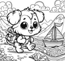 Puppy character coloring page, happy expression, wearing a backpack as it walks along a water body with a small sailboat. coloring book with backpack dog. vector