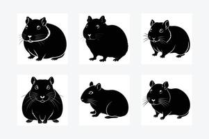 Collection of silhouettes of hamsters in different poses isolated on a white background. Black icon - the hamster is sitting, lying, walking vector