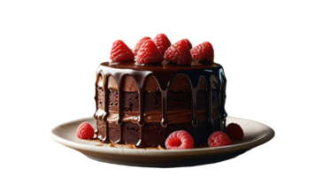 Gourmet chocolate cake with raspberry garnish and luxurious melted chocolate cream served on a plate. Transparent backrgound png