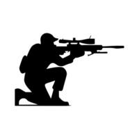 A soldier aims through the optical sight of a rifle vector