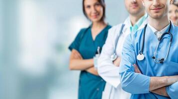 Medical team standing lined up in a hospital, team work and patient trust photo