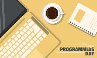 Happy Programmers Day poster with top view of laptop vector