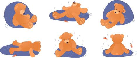 Abandoned Teddy bear in the autumn rain on white background. illustration of loneliness, uselessness, state of melancholy. Concept mental depression, suicide problems, growing up, goal revision vector