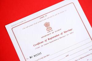 Indian Certificate of registration of marriage blank document on table photo