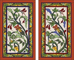 Colorful stained glass window in slavic style for ceiling or door panels. Tiffany technique. Abstract glass panels, floral pattern in a rectangular frame vector