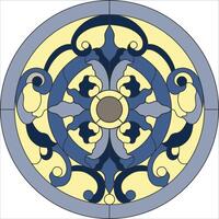 Ceiling round panels, stained glass window. Abstract Flower, swirls and leaves in circle frame, geometric ornament, yellow blue color, symmetric composition, tiffany technique vector