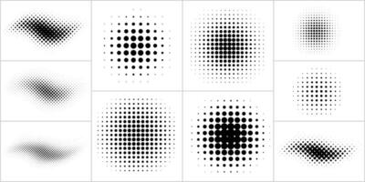 Set of halftone brush, dots curved gradient pattern. Grunge dotted half tone spot. Circle shape dot texture vector
