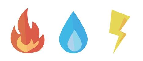 A set of fire, water, and lightning icons. Vectors. vector
