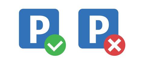 Parking sign and check mark, parking sign and cross mark icon set. vector