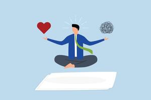 businessman meditating while hovering balancing messy chaos and passionate heart shape. vector