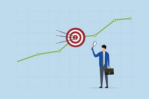 Marketing target audience research, businessman marketer with magnifying glass analyzing chart and graph of customer data. vector