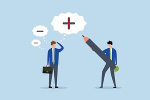 Think positive mindset, business manager with a pencil to draw positive sign on employee negative thought. vector