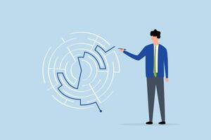 Solution solving business problem, businessman draws line to show solution to a maze problem. vector