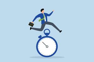 Sense of urgency, businessman running and jumping high above the countdown clock. vector