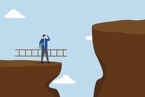 Solution to solve problem, businessman holds ladder that is to be climbed up to higher cliff. vector