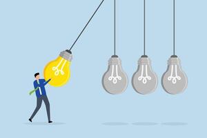 Knowledge sharing, business manager pulls light bulb into pendulum to convey information. vector