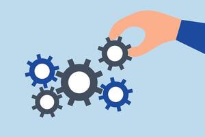 Business solution to fix problem, businessman hand put important gear to make machine run good. vector