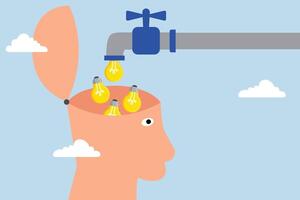 Learn new skills, bright lightbulb ideas flow from pipe into human head. vector