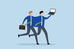 Job sharing in flexible work, two businessmen working together on the same computer vector