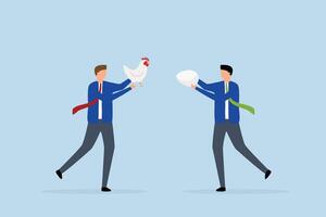 Business argument, business partners argue chicken vs egg, which comes first. vector