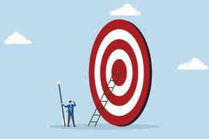 Aiming for high target mission, businessman with big ladder in his hand, starting to climb the ladder to bullseye vector