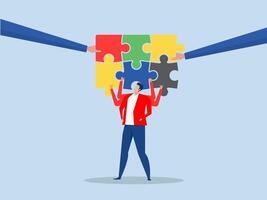 Coordination skill,Businessman connecting jigsaw puzzles with many hands.ability to work effectively with others, clear communication and adapting to changing circumstance concept, vector