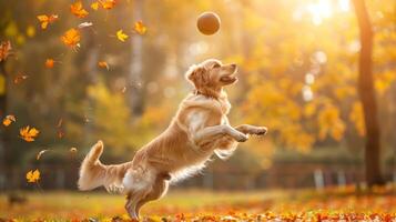 Golden Retriever Jumping to Catch a Ball in a Colorful Autumn Park. Concept of playful dog, fall season, outdoor activity, pet exercise photo