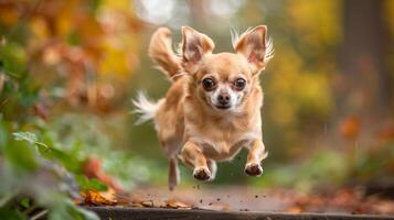 Chihuahua Puppy Jumping Off a Step with Alert Ears in a Garden. Concept of Small Dog, Pet Adventure, Canine Agility, Energetic Movement photo