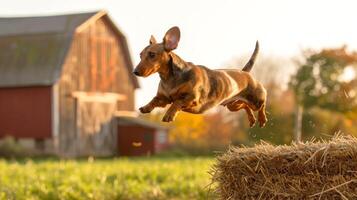 Energetic Dachshund Leaping Off a Haystack in a Rural Field. Concept of joyful dog, farm animals, countryside life, playful pets photo