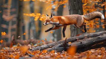 Red fox leaping over a fallen log in an autumn forest. Concept of wildlife, animal agility, nature, autumn scenery photo