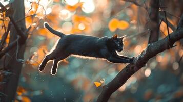 A sleek black cat leaping from one branch to another in a forest. Concept of agility, nature, wildlife, and feline behavior photo