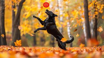 Black Labrador Jumping to Catch a Frisbee in an Autumn Forest. Concept of Dog Play, Fall Season, Outdoor Activity, Canine Joy photo