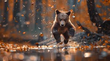 Young brown bear cub leaping over a stream in an autumn forest. Concept of wildlife, nature, animal behavior, forest habitat photo