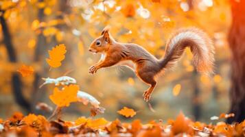 Squirrel Mid-Jump in Autumnal Forest Surrounded by Colorful Leaves. Concept of Wildlife, Seasonal Change, Nature, Forest Animals photo