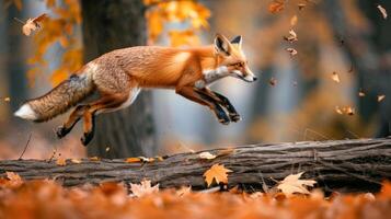 Red fox leaping over a fallen log in an autumn forest. Concept of wildlife, animal agility, nature, autumn scenery photo