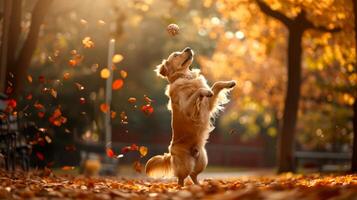 Golden Retriever Jumping to Catch a Ball in a Colorful Autumn Park. Concept of playful dog, fall season, outdoor activity, pet exercise photo