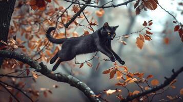 Black Cat Jumping from Tree Branch in Misty Autumn Forest. Concept of feline agility, nature, fall foliage, wildlife scenery photo