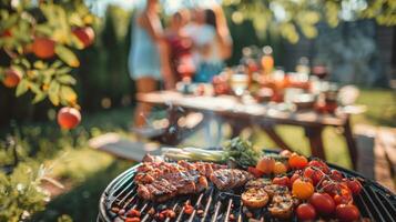 BBQ Grill with Savory Meat and Vegetables, Outdoor Picnic Setting with Friends in Background. Concept of Barbecue, Outdoor Cooking, Social Gathering, Summer Party photo
