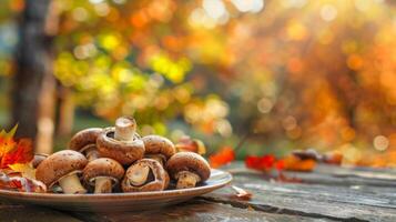 Fresh Grilled Mushrooms and Peppers on a Plate in an Outdoor Autumn Setting. Concept of Barbecue, Fall Harvest, Nature Picnic, and Healthy Eating. Copy space photo