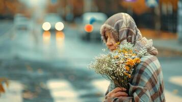 Elderly white woman in autumn attire holding a bouquet of flowers on a crosswalk. Concept of senior, seasonal fashion, nature, urban lifestyle photo