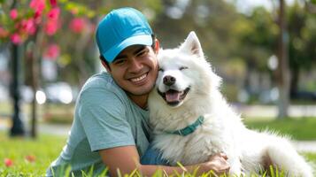 Asian male embracing a white fluffy dog in a park. Concept of pet owner, animal companionship, outdoor relaxation photo