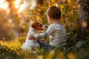 Boy sitting in a park with a small dog during sunset. Concept of childhood, friendship, nature, pets photo