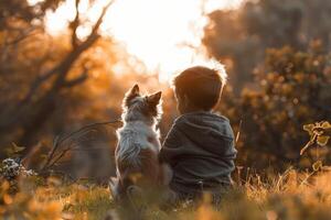 Boy sitting in a park with a small dog during sunset. Concept of childhood, friendship, nature, pets photo