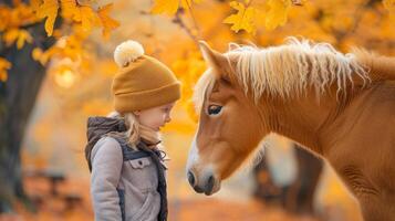 Toddler girl embracing a pony in autumn setting. Concept of child with animal, nature friendship, fall season, kid and little horse photo