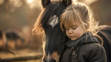 Caucasian girl bonding with a black horse in golden light. Concept of child equestrian, animal friendship, outdoor activities, kid and pony photo