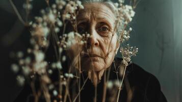 Elderly Caucasian woman behind dried flowers, thoughtful expression. Concept of aging, solitude, reflection, nature photo