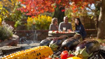 Outdoor Autumn Barbecue with Grilled Vegetables and People Chatting in the Garden. Concept of Barbecue, Autumn, Grilled Vegetables, Social Gathering photo
