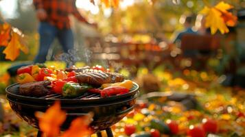Outdoor barbecue gathering with diverse group of friends enjoying grilled meats and vegetables in an autumn park. Concept of fall picnic, socializing, outdoor cooking, and friendship photo