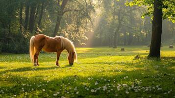 Brown horse grazing in a sunlit meadow surrounded by trees. Concept of nature, tranquility, wildlife, rural scene photo