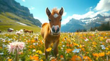 Brown horse in a vibrant field of wildflowers with a mountainous backdrop. Concept of nature, wildlife, rural landscape, tranquility, little pony photo